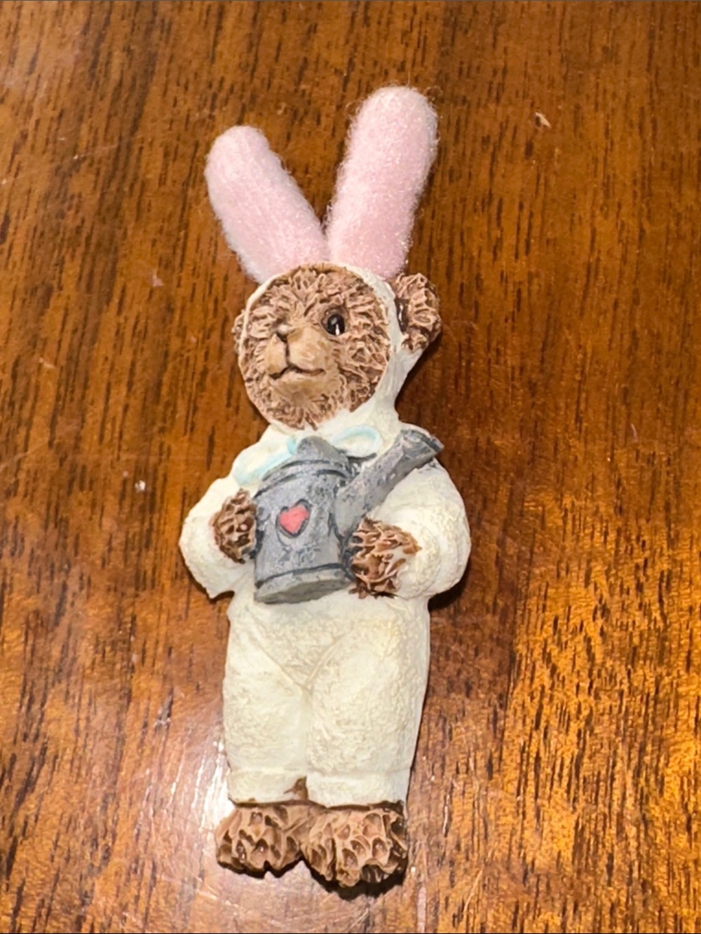 Vintage Teddy Bear with Pink Bunny Ears Resin Brooch with Watering Can